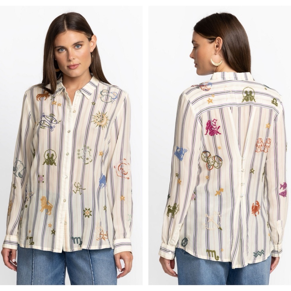 Johnny Was ARIANA BUTTON BACK striped silk shirt with zodiac embroidery size sm - Picture 9 of 16